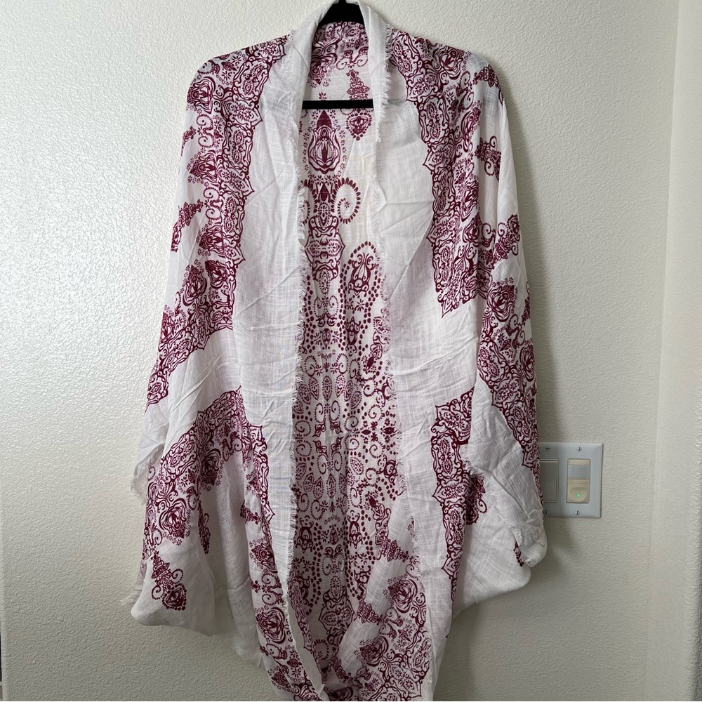 Maroon & Cream White Mandala Pattern Hippie Boho Chic Boxy Draped Shall - OS